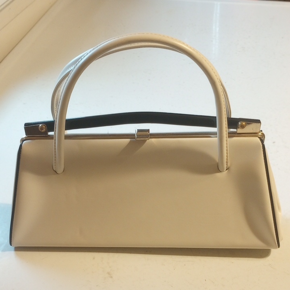 Vintage Cream Structured Leather Handbag, Black Trim. Gold Hardware
